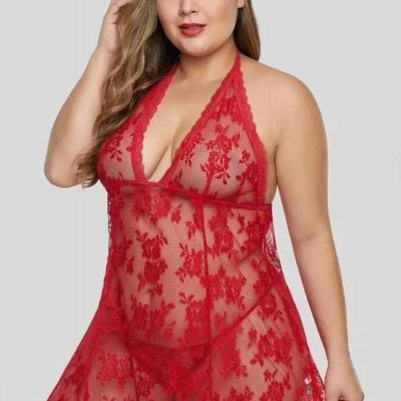 Red Open Back Floral Lace Lingerie - Picture 6 of 6